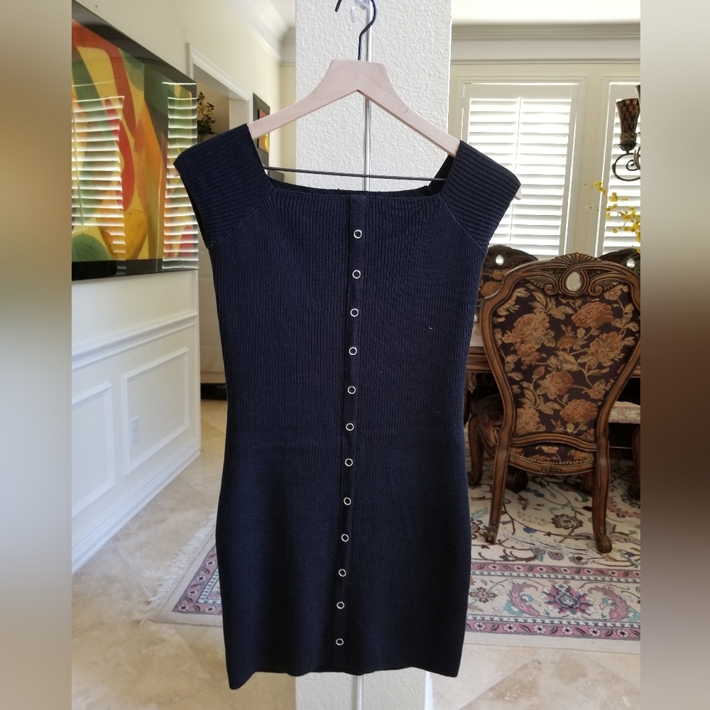 Silence + Noise Black Ribbed Snap Button Mini Dress